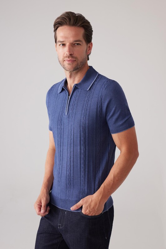 Erkek İndigo Mavi Slim Fit Örgü Desen Fermuarlı Polo Yaka Tişört