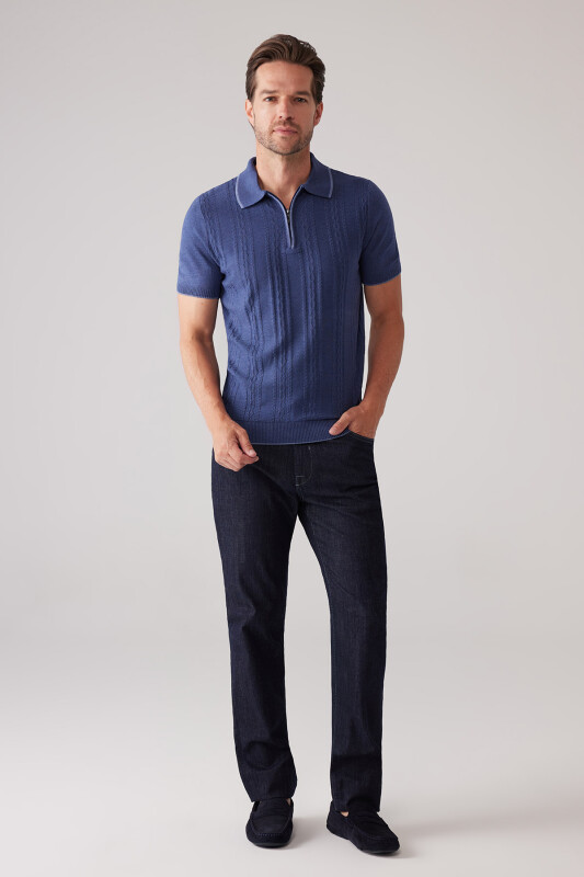 Erkek İndigo Mavi Slim Fit Örgü Desen Fermuarlı Polo Yaka Tişört