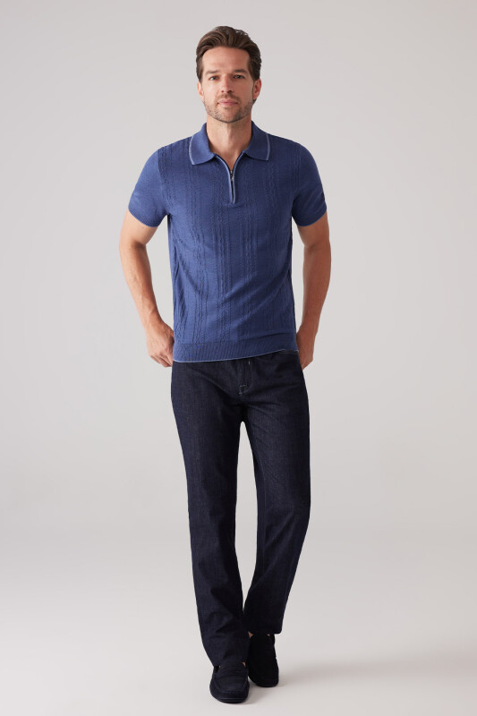 Erkek İndigo Mavi Slim Fit Örgü Desen Fermuarlı Polo Yaka Tişört
