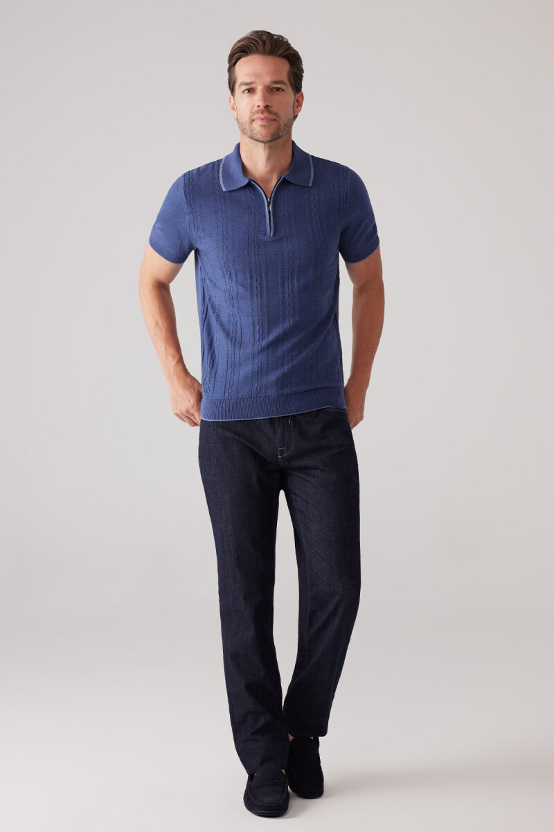 Erkek İndigo Mavi Slim Fit Örgü Desen Fermuarlı Polo Yaka Tişört - 4