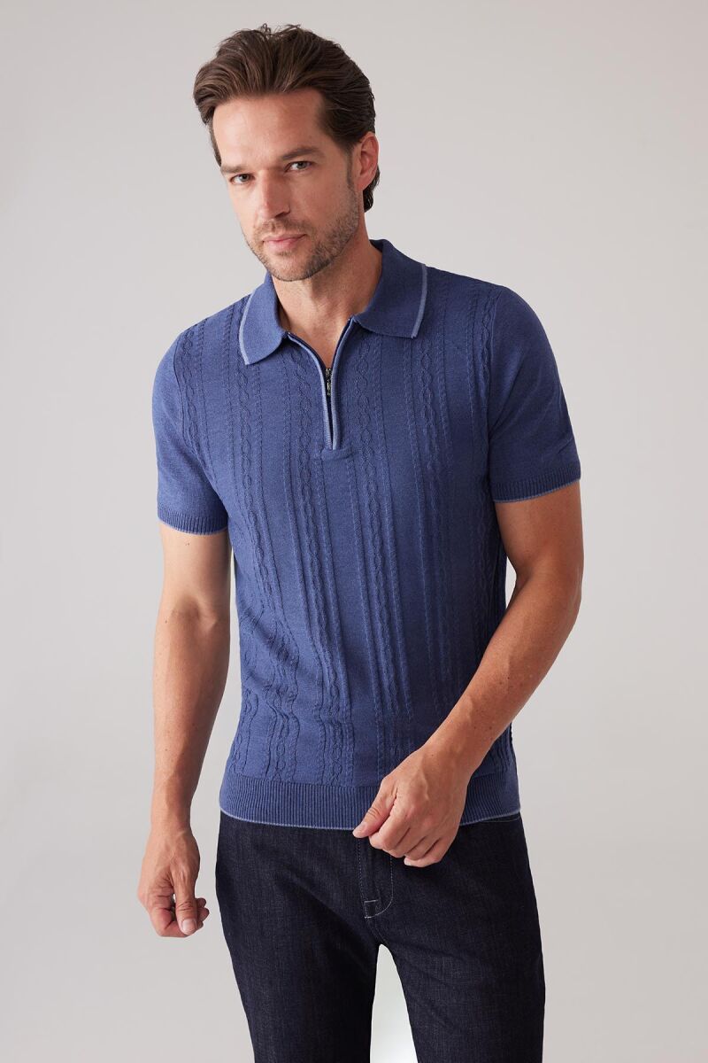 Erkek İndigo Mavi Slim Fit Örgü Desen Fermuarlı Polo Yaka Tişört - 5