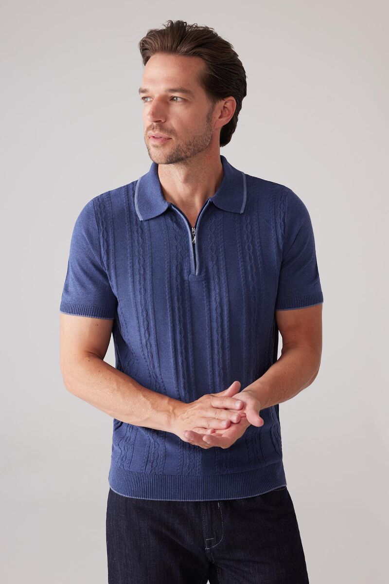 Erkek İndigo Mavi Slim Fit Örgü Desen Fermuarlı Polo Yaka Tişört - 6