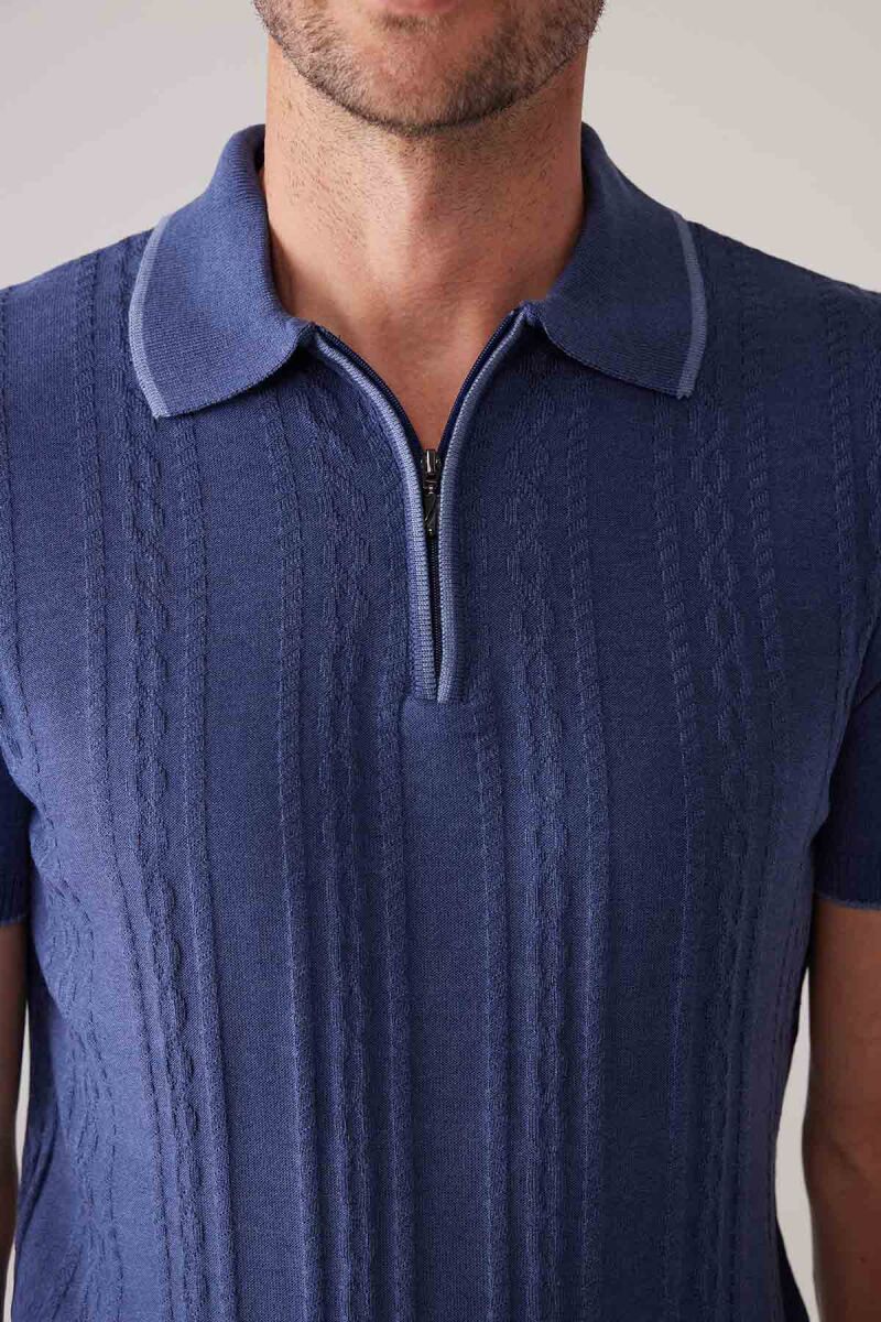 Erkek İndigo Mavi Slim Fit Örgü Desen Fermuarlı Polo Yaka Tişört - 7