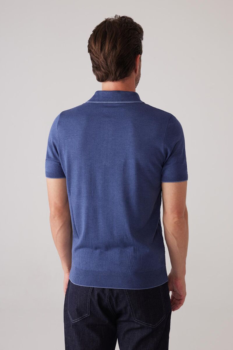 Erkek İndigo Mavi Slim Fit Örgü Desen Fermuarlı Polo Yaka Tişört - 8