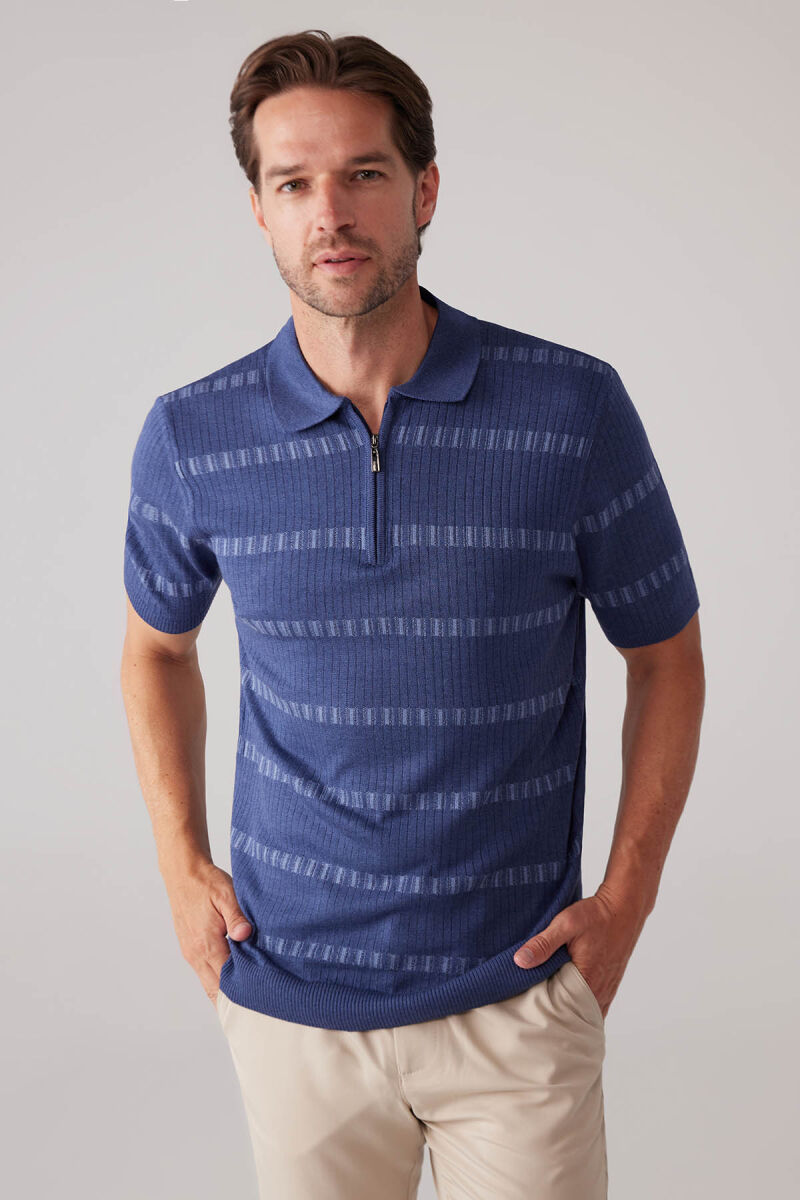 Erkek İndigo Mavi Slim Fit Pamuk Karışımlı Fermuarlı Desenli Tişört - 1