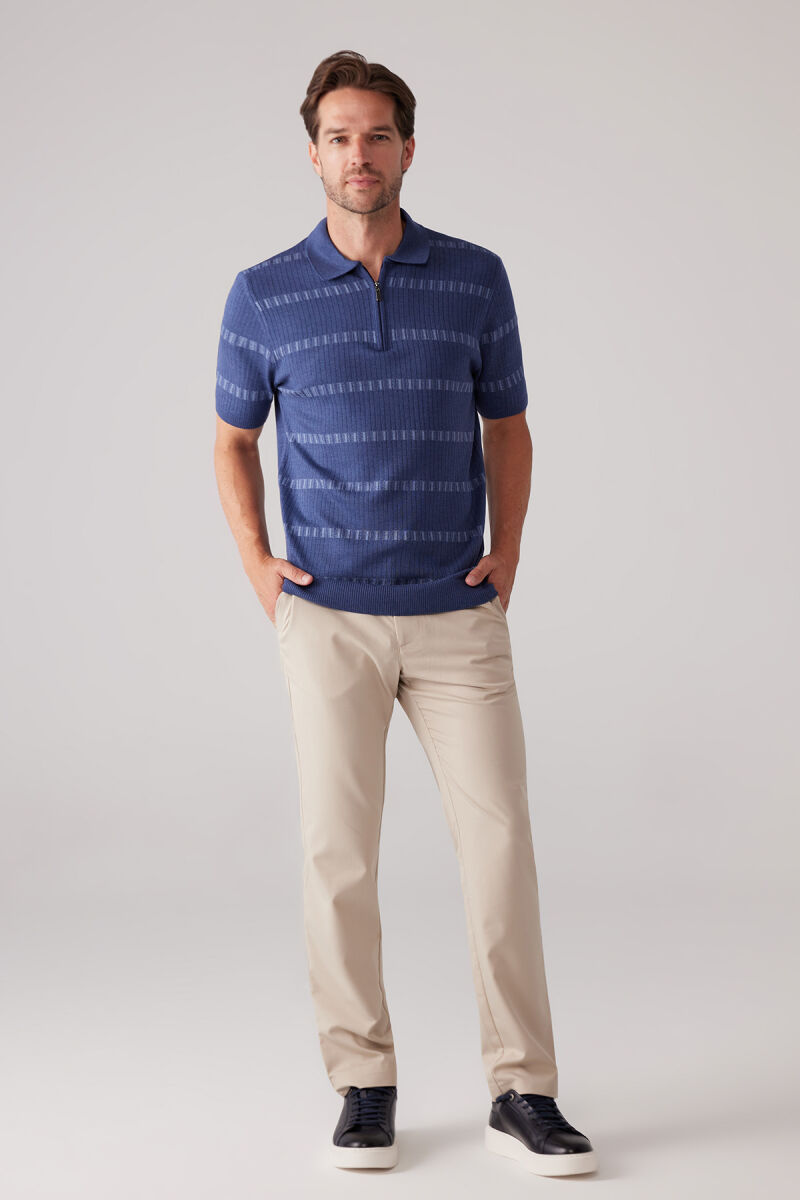 Erkek İndigo Mavi Slim Fit Pamuk Karışımlı Fermuarlı Desenli Tişört - 2