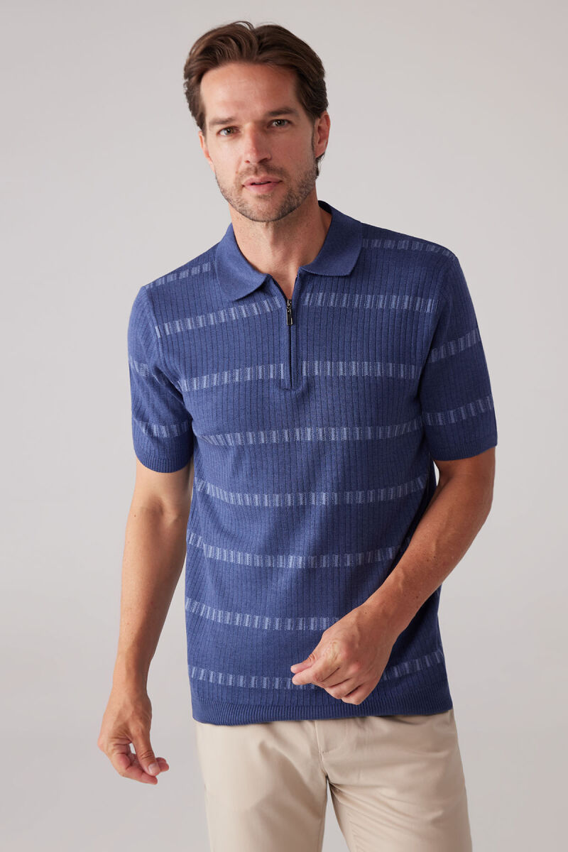 Erkek İndigo Mavi Slim Fit Pamuk Karışımlı Fermuarlı Desenli Tişört - 3