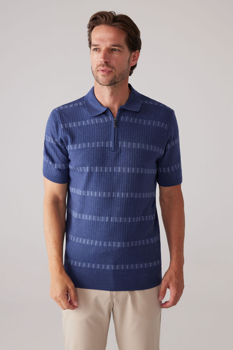 Erkek İndigo Mavi Slim Fit Pamuk Karışımlı Fermuarlı Desenli Tişört - 4