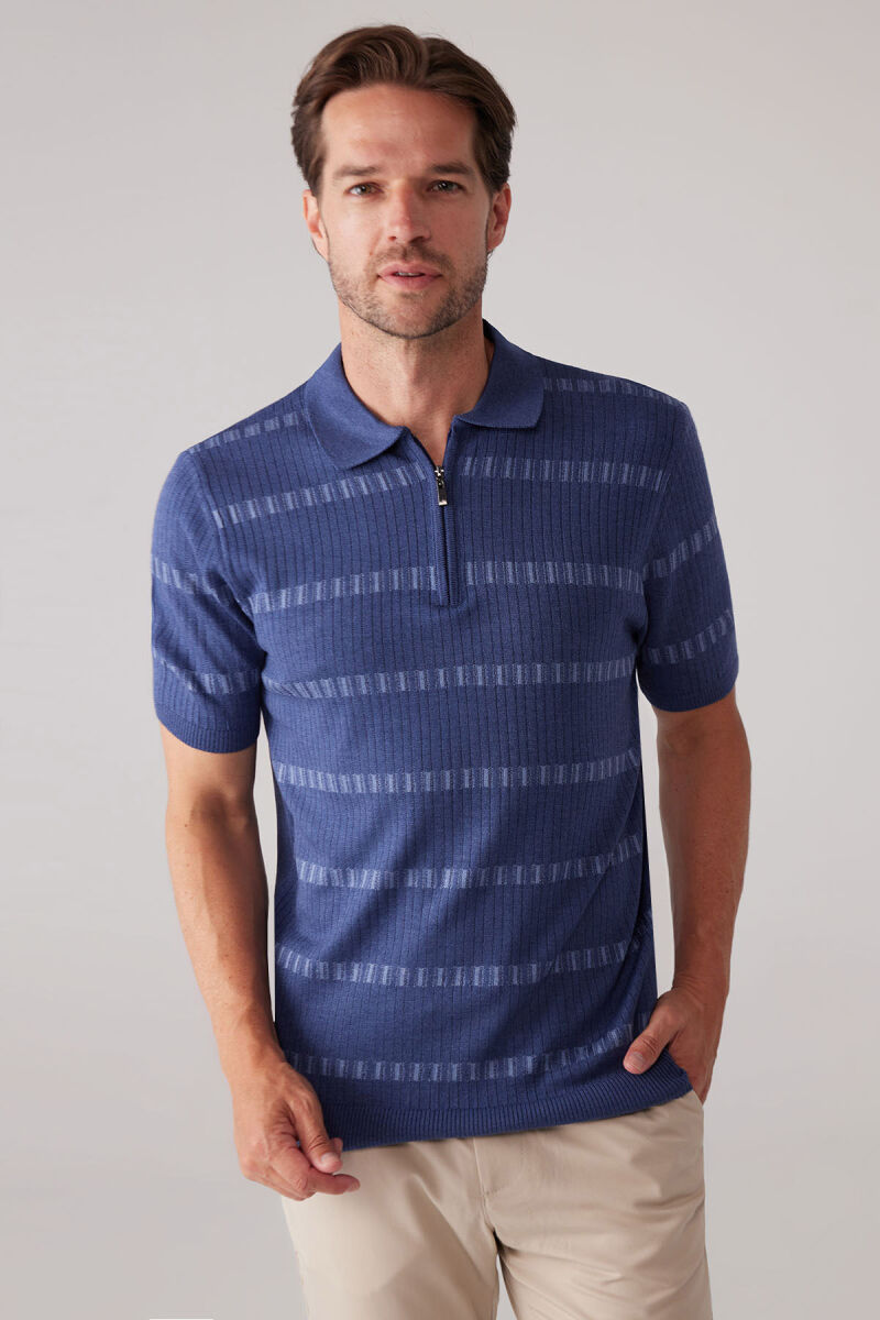 Erkek İndigo Mavi Slim Fit Pamuk Karışımlı Fermuarlı Desenli Tişört - 5