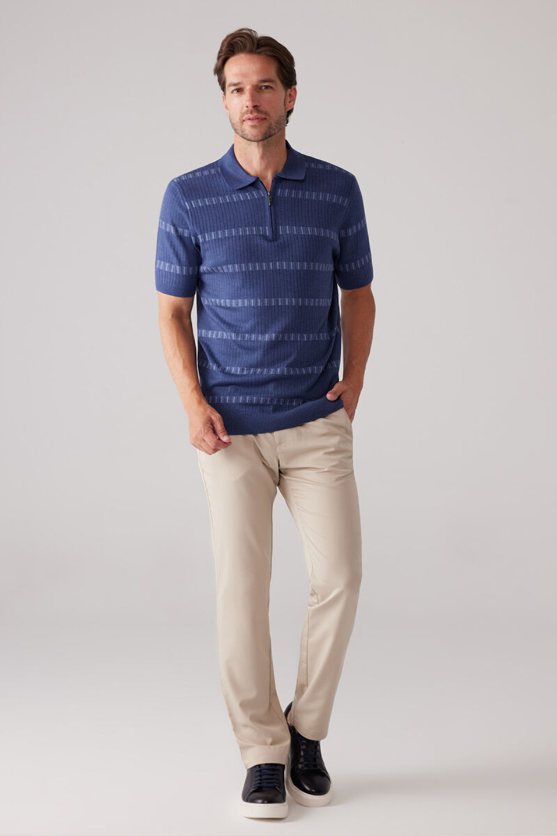 Erkek İndigo Mavi Slim Fit Pamuk Karışımlı Fermuarlı Desenli Tişört - 6