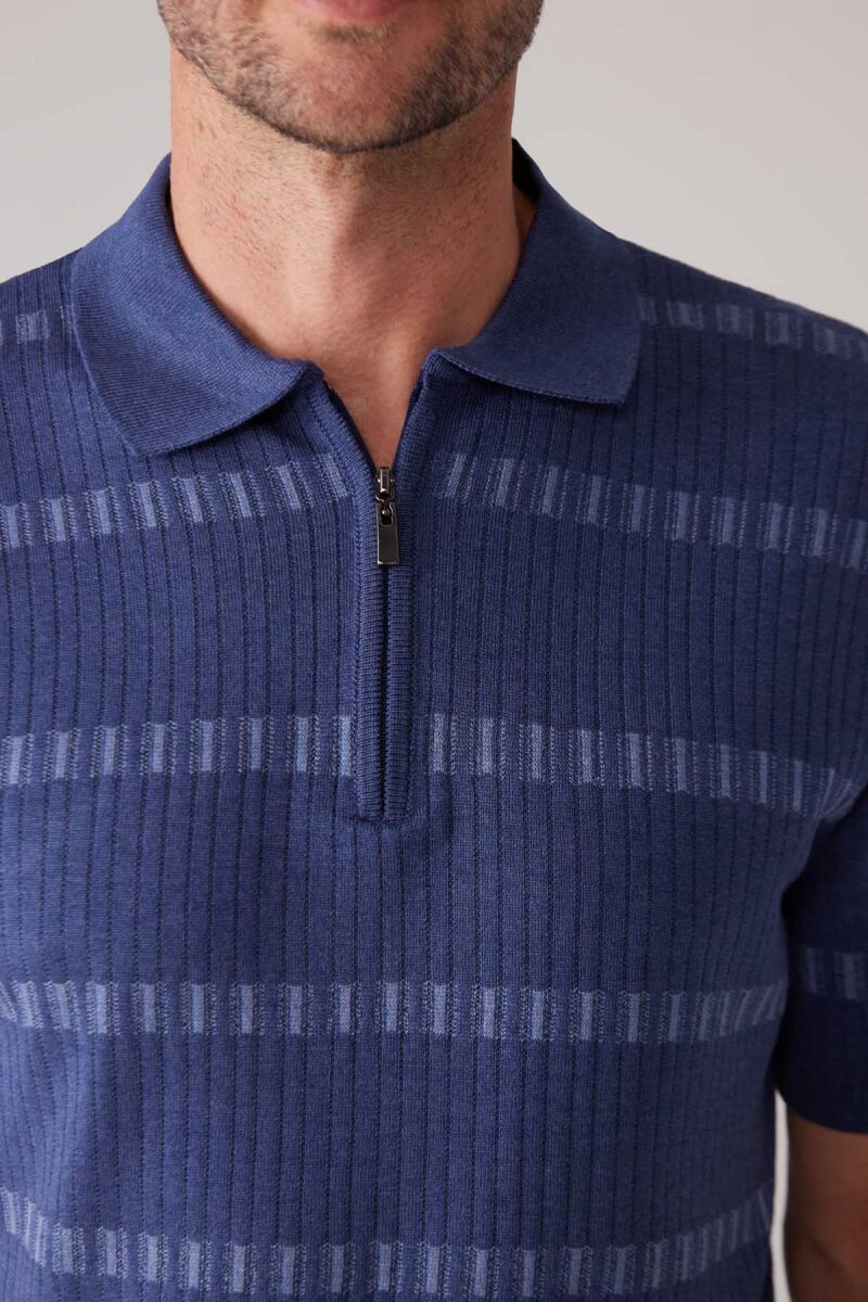 Erkek İndigo Mavi Slim Fit Pamuk Karışımlı Fermuarlı Desenli Tişört - 7