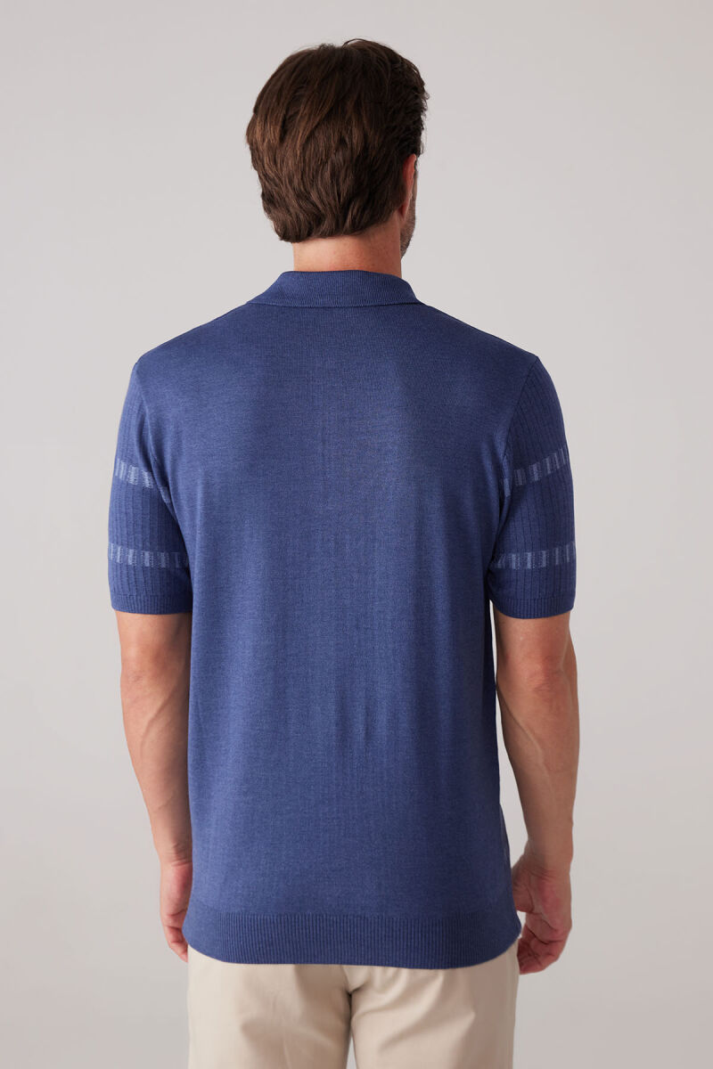 Erkek İndigo Mavi Slim Fit Pamuk Karışımlı Fermuarlı Desenli Tişört - 8