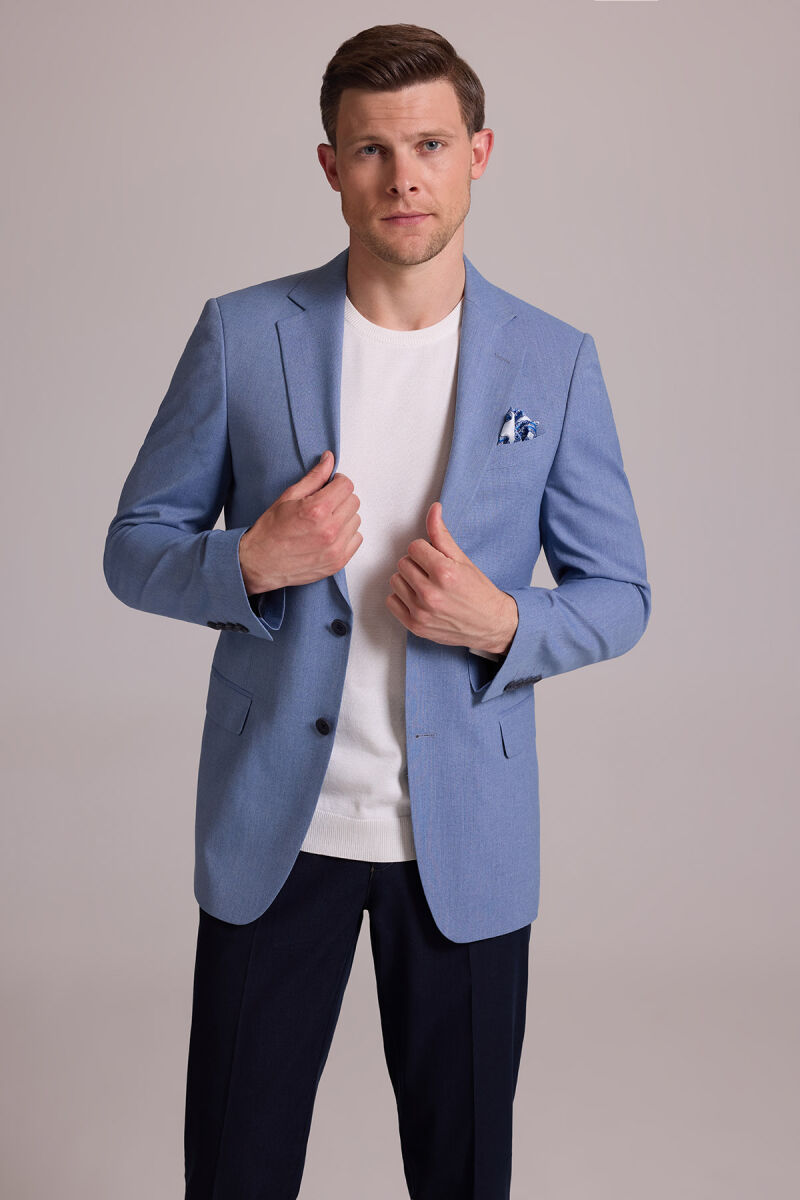 Erkek İndigo Mavi Spor Keten Ceket - 2