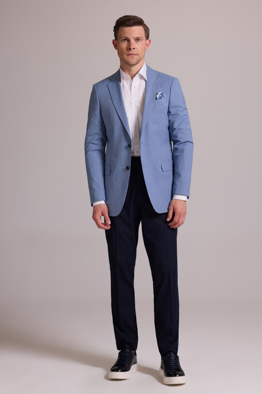 Erkek İndigo Mavi Spor Keten Ceket