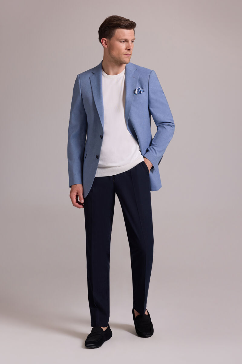 Erkek İndigo Mavi Spor Keten Ceket - 4