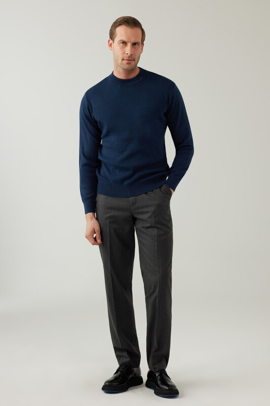 Erkek İndigo Mavi Yarım Balıkçı Yaka Yünlü Triko