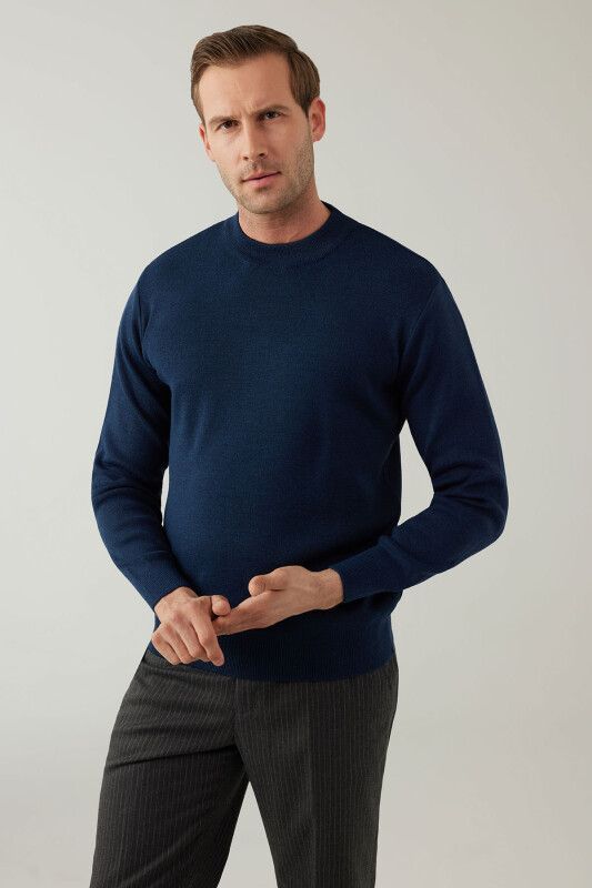 Erkek İndigo Mavi Yarım Balıkçı Yaka Yünlü Triko