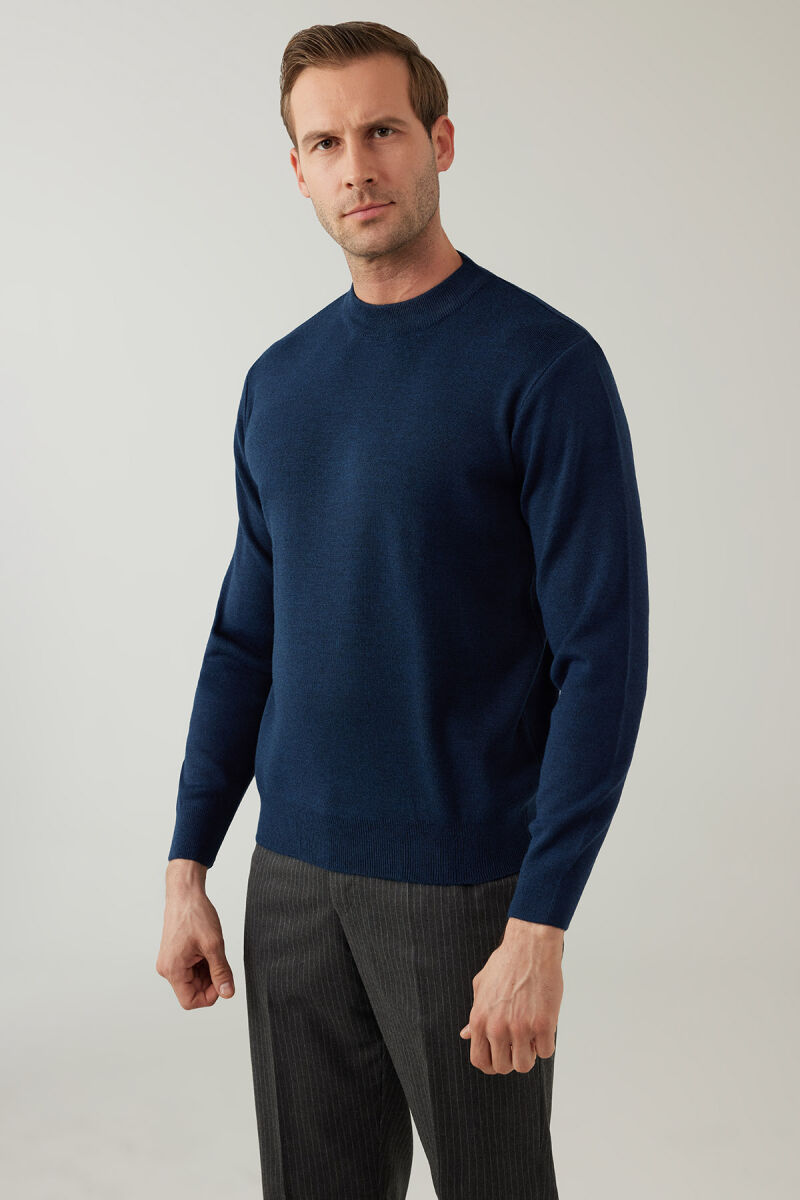 Erkek İndigo Mavi Yarım Balıkçı Yaka Yünlü Triko - 3