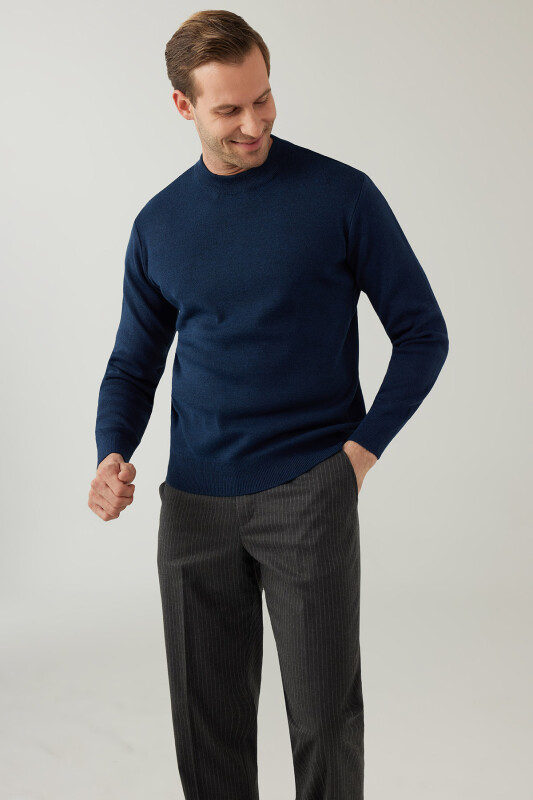 Erkek İndigo Mavi Yarım Balıkçı Yaka Yünlü Triko