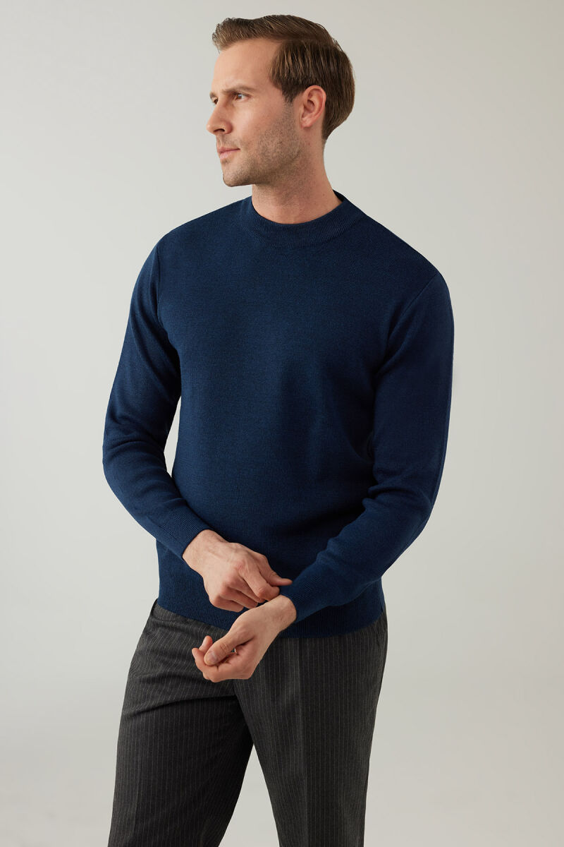 Erkek İndigo Mavi Yarım Balıkçı Yaka Yünlü Triko - 6