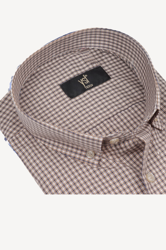 Erkek Kahve Bej Kareli Spor Gömlek