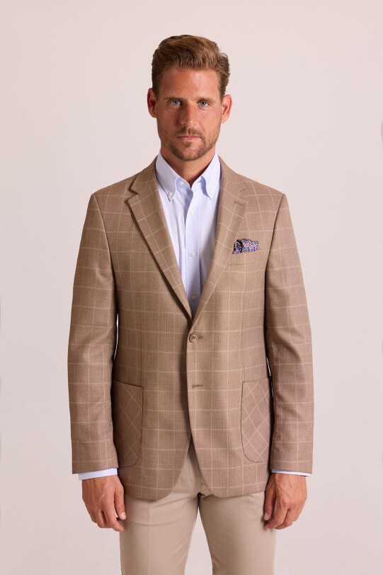 Erkek Kahve Bej Keten Ekose Klasik Ceket