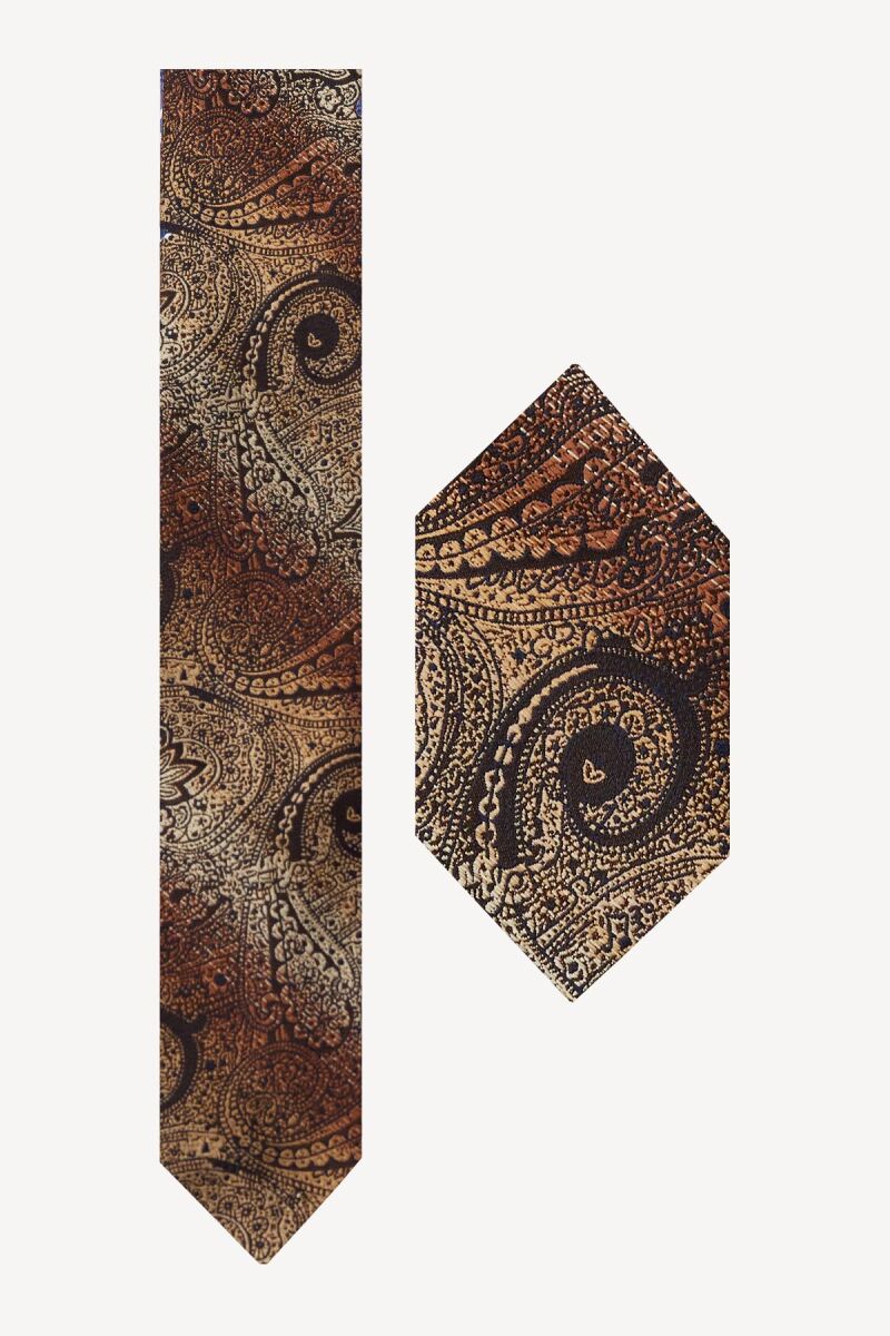 Erkek Kahve Gold Desenli Kravat Mendilli Set - 1