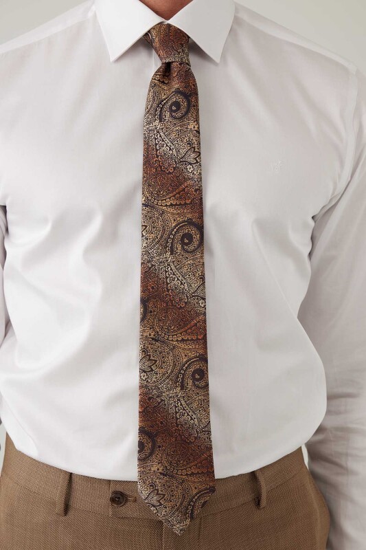 Erkek Kahve Gold Desenli Kravat Mendilli Set - YSF (1)