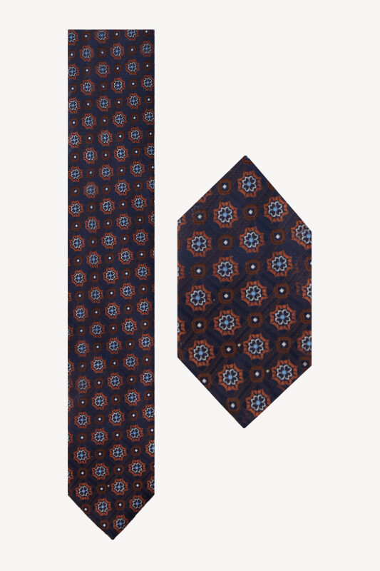 Erkek Kahve Vizon Çiçek Desenli Kravat Mendil Set - YSF