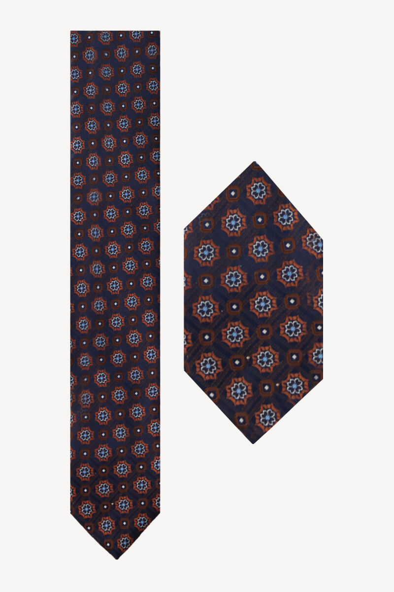 Erkek Kahve Vizon Çiçek Desenli Kravat Mendil Set - 1