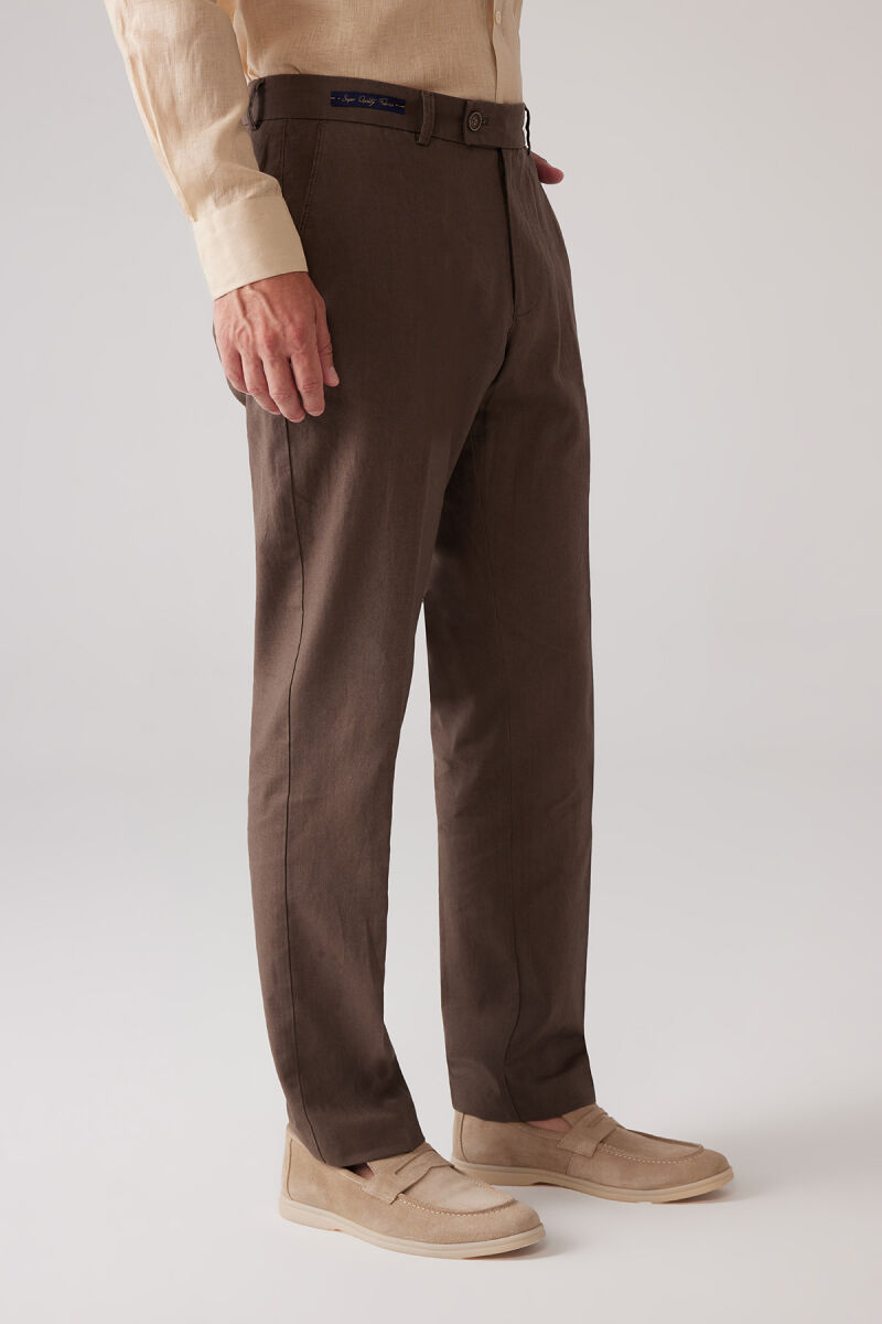 Erkek Kahverengi %100 Keten Pantolon - 5