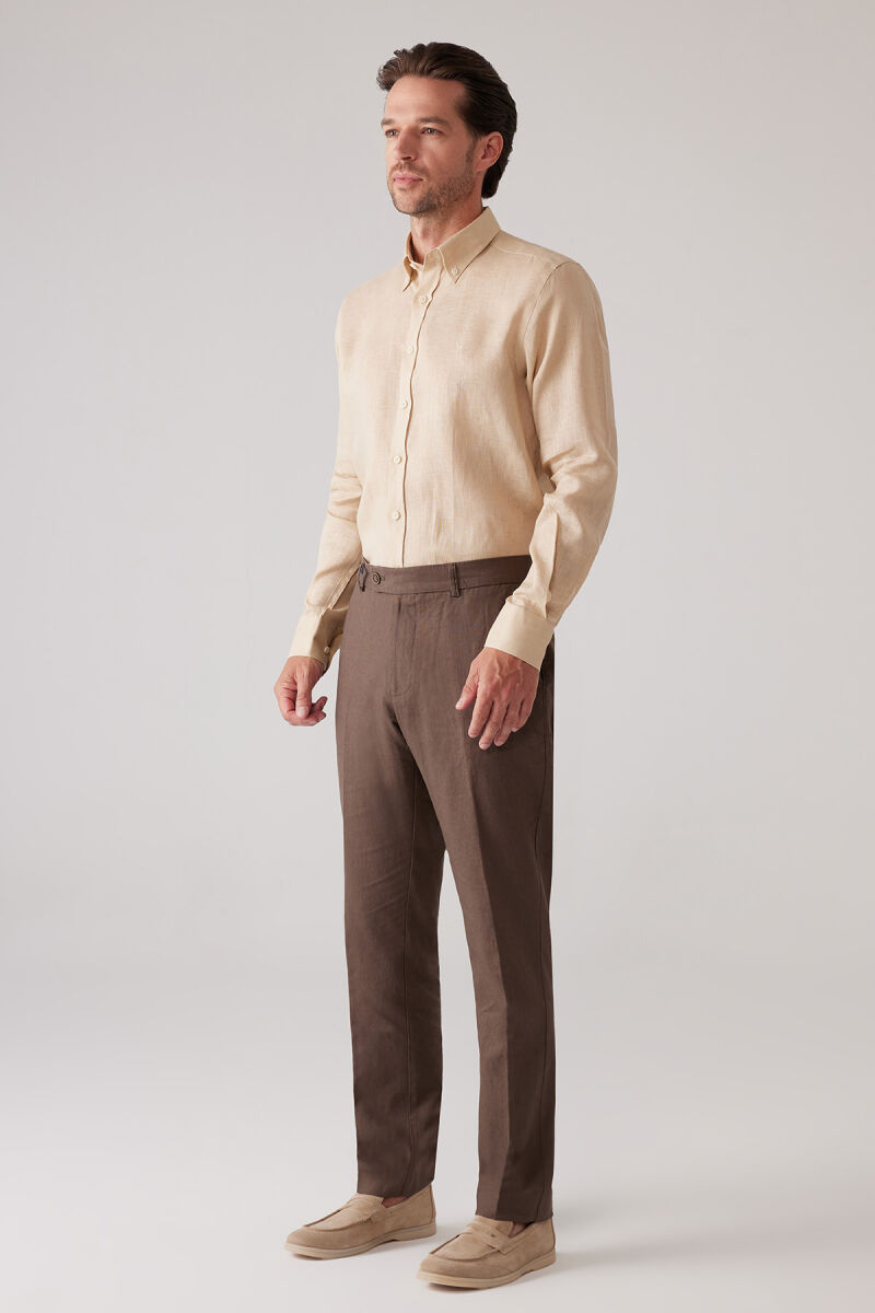 Erkek Kahverengi %100 Keten Pantolon - 6