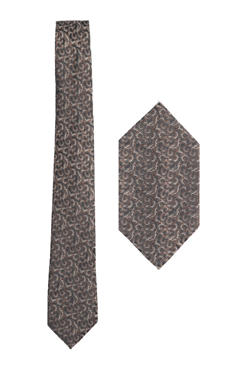 Erkek Kahverengi Desenli Kravat Mendil Set - 1