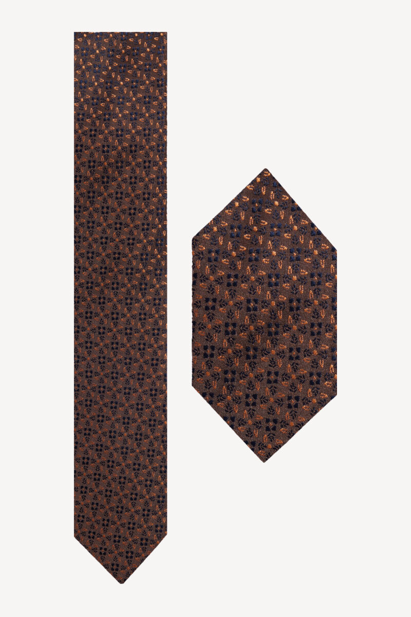 Erkek Kahverengi Desenli Kravat Mendil Set - 1