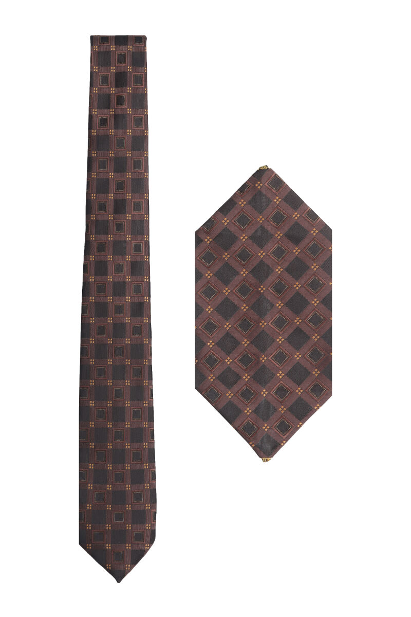 Erkek Kahverengi Desenli Kravat Mendil Set - 1