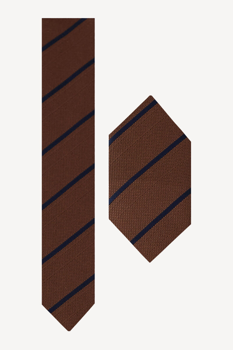 Erkek Kahverengi Desenli Kravat Mendilli Set - 1