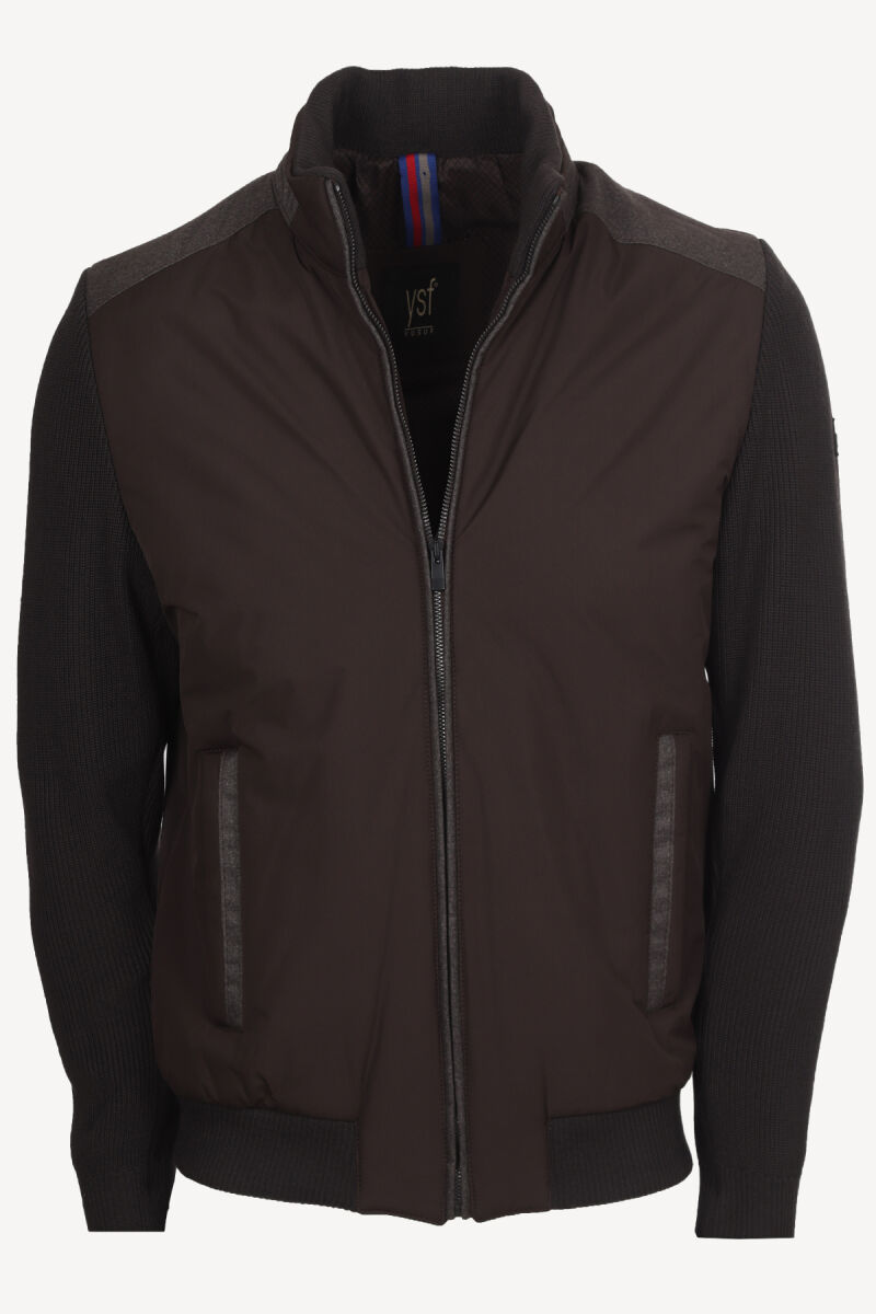 Erkek Kahverengi Dik Yaka Desenli Triko Kol Spor Mont - 1