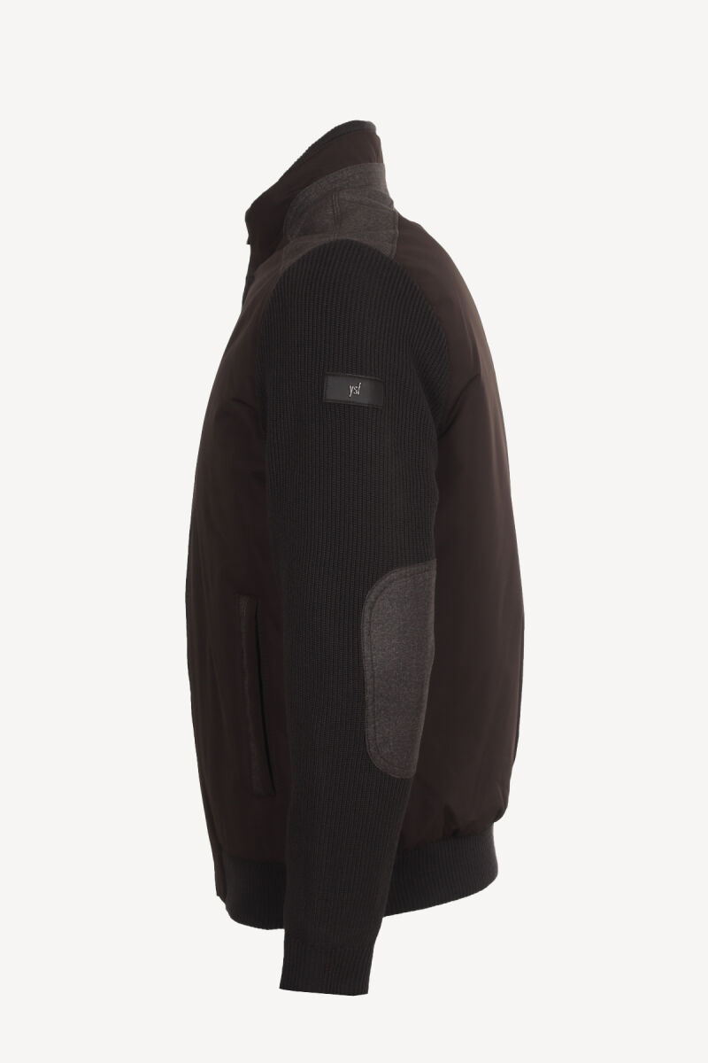 Erkek Kahverengi Dik Yaka Desenli Triko Kol Spor Mont - 3