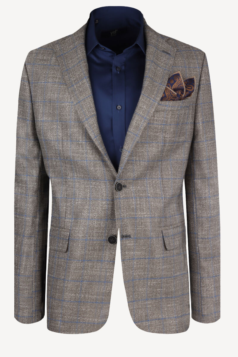 Erkek Kahverengi Kareli Yünlü Klasik Ceket - 1