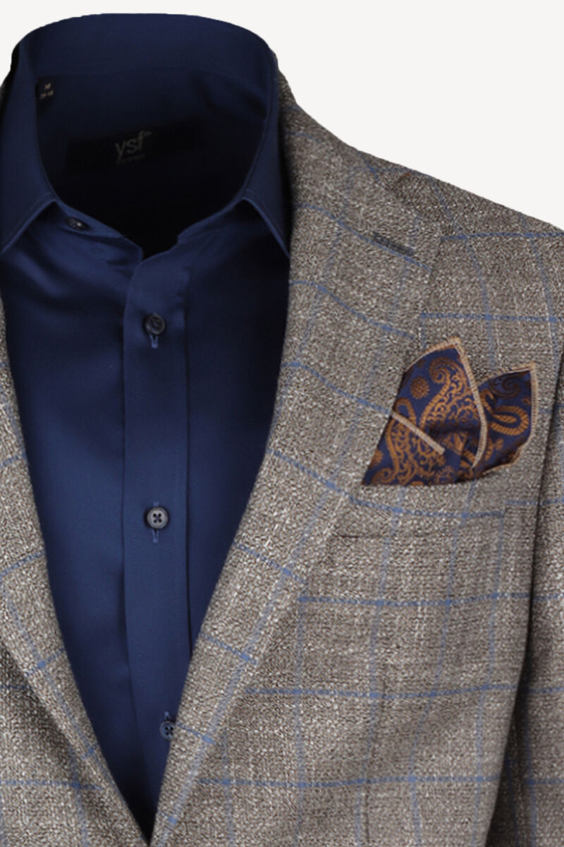 Erkek Kahverengi Kareli Yünlü Klasik Ceket - 2