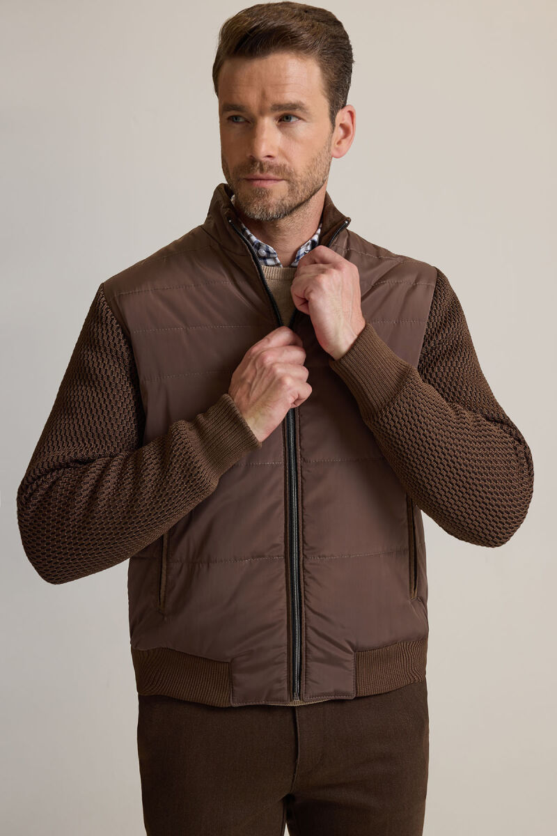 Erkek Kahverengi Klasik Desenli Triko Kol Spor Mont - 5