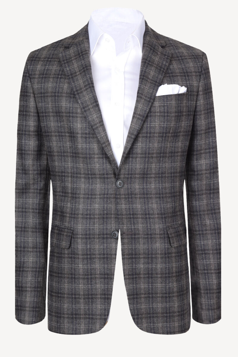 Erkek Kahverengi Klasik Yünlü Ekose Spor Ceket - 1