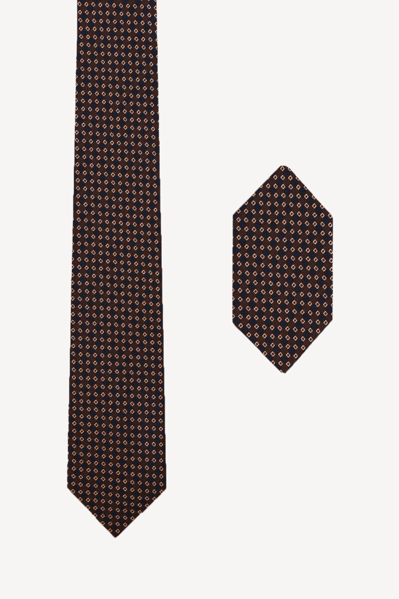 Erkek Kahverengi Kravat Mendil Set - 1