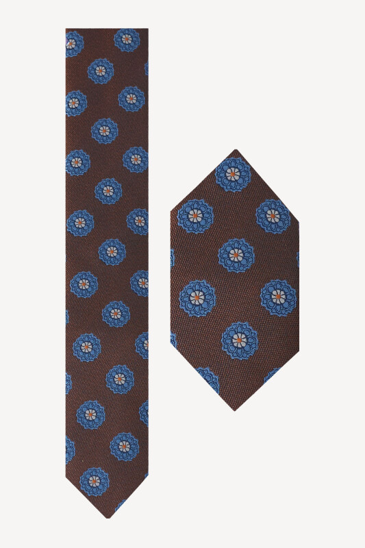 Erkek Kahverengi Lacivert Desenli Kravat Mendil Set - YSF