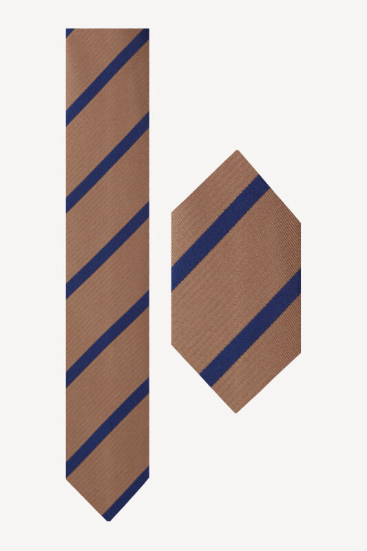 Erkek Kahverengi Lacivert Desenli Kravat Mendil Set - YSF