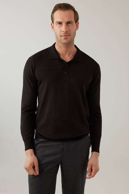 Erkek Kahverengi Pamuklu Polo Yaka Triko