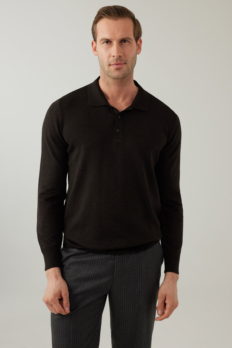 Erkek Kahverengi Pamuklu Polo Yaka Triko - 1