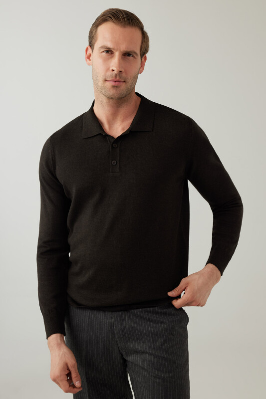 Erkek Kahverengi Pamuklu Polo Yaka Triko