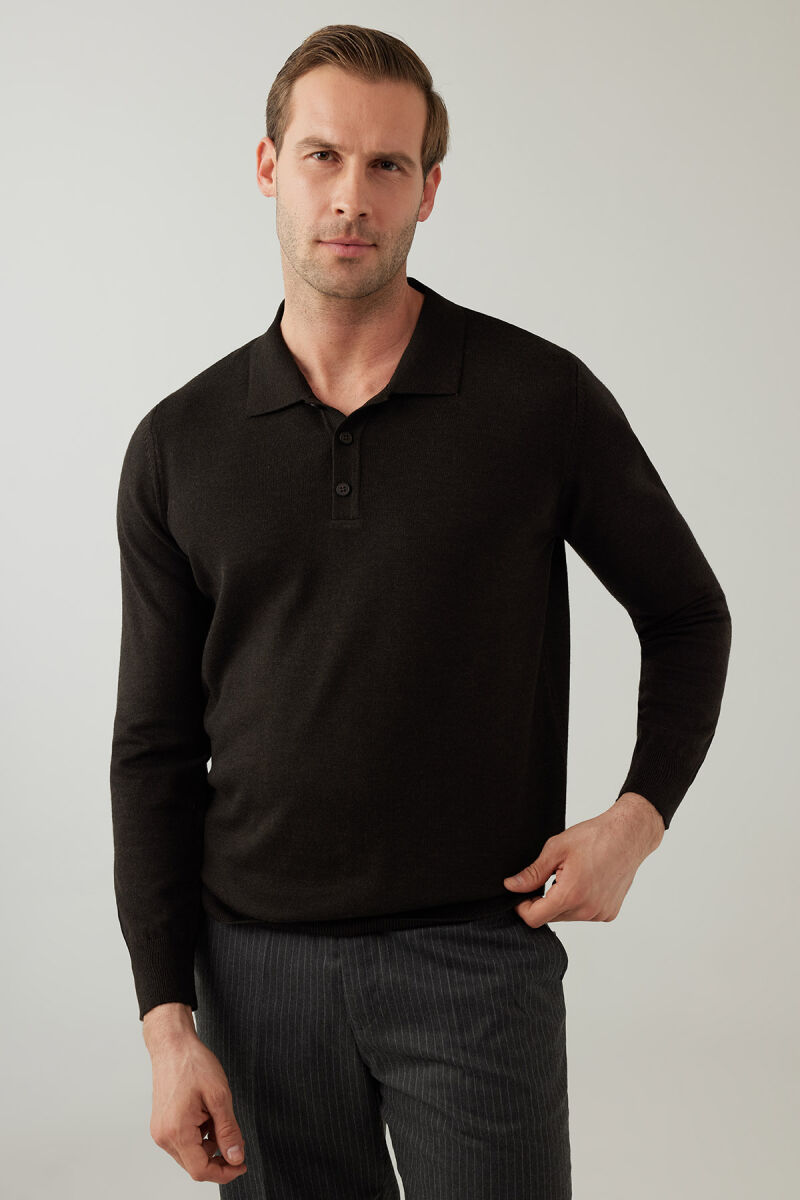 Erkek Kahverengi Pamuklu Polo Yaka Triko - 4