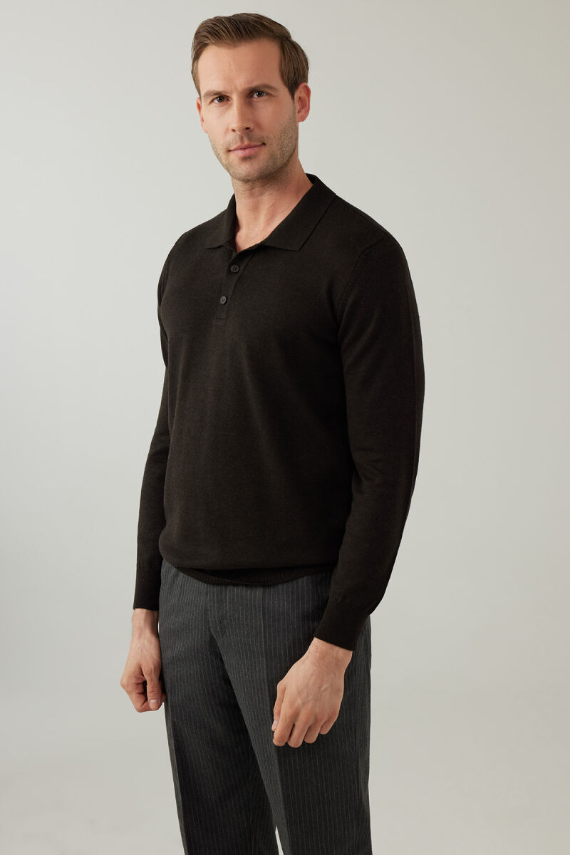 Erkek Kahverengi Pamuklu Polo Yaka Triko - 5